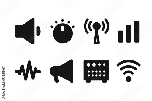 Audio Icon Set. Solid, filled icon set of audio and signal boost: speaker, volume knob, antenna, equalizer, sound wave, megaphone, amplifier, wireless signal.