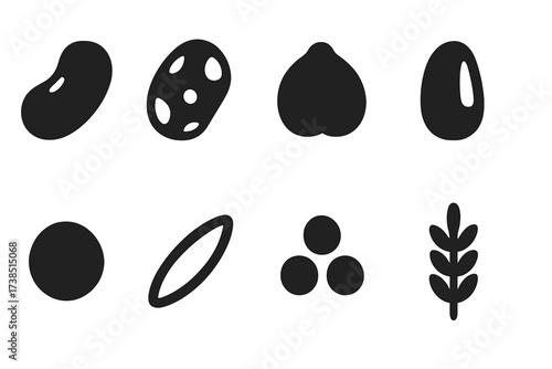 Legumes and Grains Icons. Solid, filled icon set of legumes and grains: kidney bean, pinto bean, chickpea, corn kernel, lentil, rice, quinoa, barley. [Line