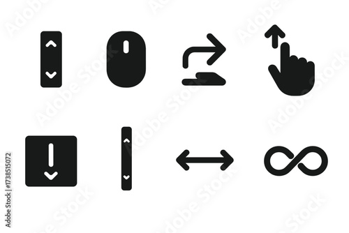 Digital Scroll Icons. Solid, filled icon set of digital scroll symbols: scroll bar, mouse wheel, swipe motion, scroll gesture, touchpad scroll, vertical