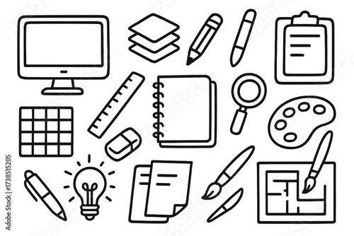 Art Tools Doodle. Hand-drawn doodle illustration design outline computer monitor, layers panel, pencil, eraser, ruler, sketchbook, grid, clipboard, magnifying