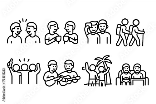 Friendship Icon Set. Outline icon set of together friendship: friends laughing, sharing coffee, group selfie, hiking together, cheering, playing music, beach