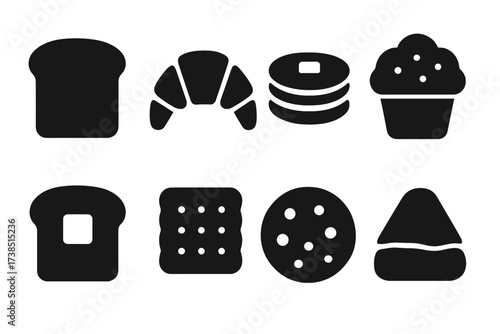 Black Butter Icons. Solid, filled icon set of butter related foods: bread slice, croissant, pancake, muffin, toast, biscuit, cookie, scone. Solid, filled icons