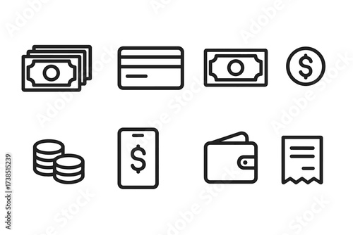 Bet Payment Icons. Outline icon set of bet payment: cash, credit card, banknote, coins, mobile payment, wallet, dollar sign, receipt. Line icons in only black