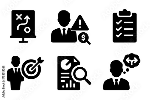 Advisor Task Icons. Solid, filled icon set of advisor tasks: strategy planning, risk assessment, financial analysis, project management, goal setting, report