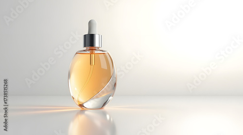 Elegant glass bottle of golden serum with dropper on a reflective surface, exuding luxury and sophistication.
