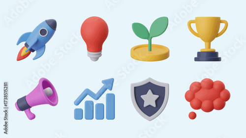 3D render of business and startup icons including a rocket lightbulb plant trophy megaphone graph shield and speech bubble on a light blue background representing growth success and communication