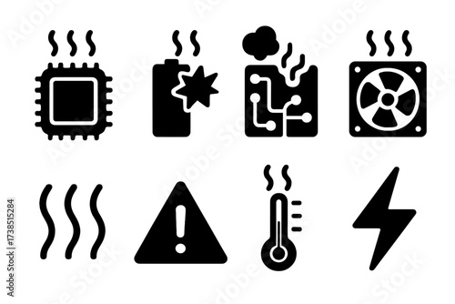 Overheating Electronics Icons. Solid, filled icon set of overheating electronics: CPU heat, battery explosion, circuit board smoke, fan failure, heat waves,