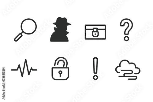Suspense Icon Set. Outline icon set of suspense motifs: magnifying glass, shadow, locked box, question mark, heartbeat, broken lock, exclamation mark, fog.