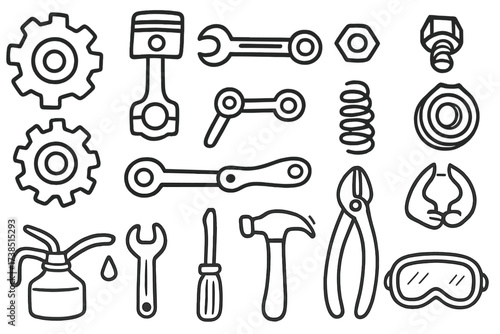Mechanical Tool Doodles. Hand-drawn doodle illustration complex machinery parts cogwheel, piston, shaft, bolt, nut, gear, lever, spring, bearing, wrench,
