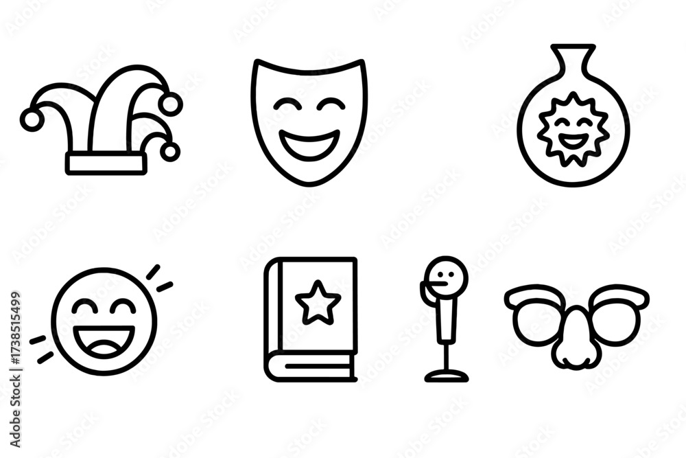 Comedy Icons Ensemble. Outline icon set of comedy and humor: jester hat, comedy mask, whoopee cushion, laughing emoji, joke book, microphone stand, clown nose,
