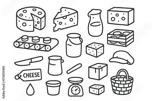 Cheese Factory Doodles. Hand-drawn doodle illustration Cheese factory cheese wheel, wedge, block of cheese, conveyor belt, milk jug, bucket, crate, knife,