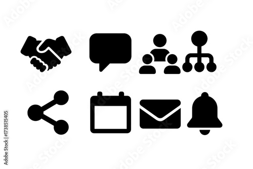 Collaboration Icon Set. Solid, filled icon set of assignment collaboration: handshake, chat bubble, group, network, share, calendar, message, notification.