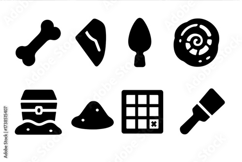 Excavation Artifacts Icons. Solid, filled icon set of excavation artifacts: bone fragment, pottery shard, ancient tool, fossil, buried chest, sand mound, grid
