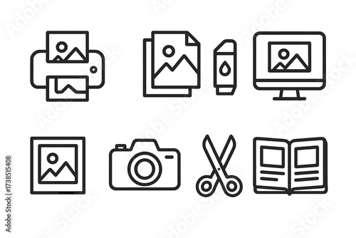 Photo Printing Icons. Outline icon set of photo printing: printer, photo paper, ink cartridge, print preview, photo frame, camera, scissors, photo album. Line