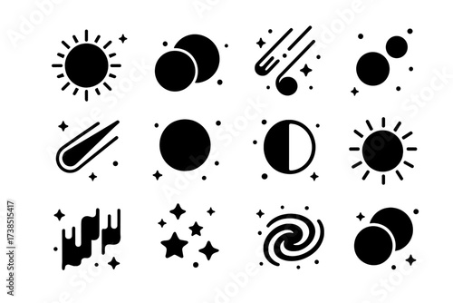 Astronomical Icon Grid. Astronomical events. Solid icons set of solar eclipse, lunar eclipse, meteor shower, planetary conjunction, comet passing, supermoon,