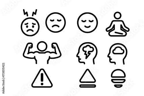 Stress vs Relaxation Icons. Solid, filled icon set of stress and relaxation contrast: stressed face, calm face, tense muscles, relaxed pose, worried mind,