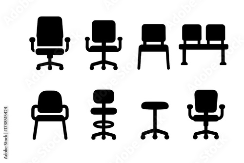 Office Chair Icons. Solid, filled icon set of office seating: executive chair, task chair, meeting room chair, conference bench, guest chair, drafting chair,