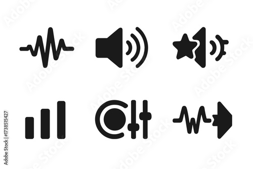 Audio Icon Grid. Solid, filled icon set of tabla sound and effects: sound wave, volume control, reverb, echo, equalizer, bass boost, audio mixer, delay. Solid,