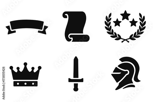 Heraldic Icon Set. Solid, filled icon set of heraldic motto and decoration: ribbon, scroll, laurel wreath, stars, crown, sword, fleur-de-lis, helmet crest.