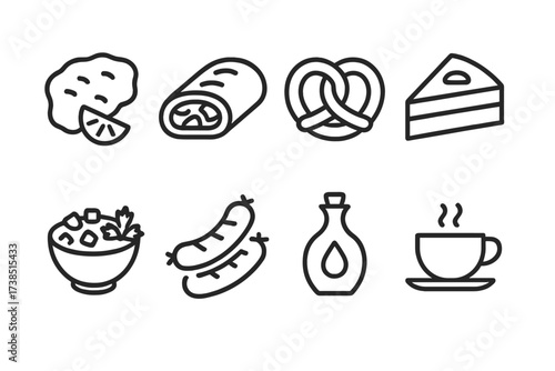 Austrian Cuisine Icons. Outline icon set of Austrian cuisine: Wiener schnitzel, apple strudel, pretzel, sachertorte, goulash, sausages, pumpkin seed oil,