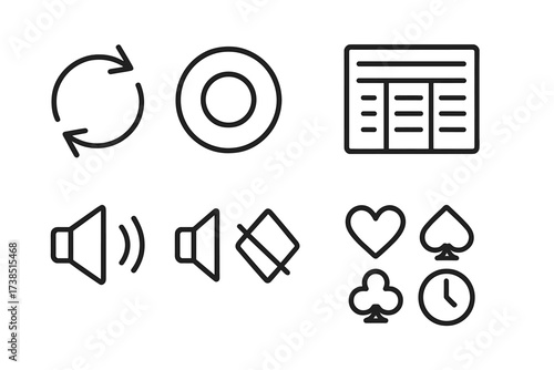 Casino Interface Icons. Outline icon set of casino games interface: spin button, bet button, payout table, game menu, sound on/off, timer, card suit icons,