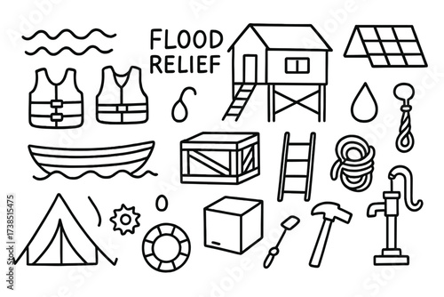 Flood Relief Supplies. Hand-drawn doodle illustration Flood relief modular homes house on stilts, boat, water wave, life vest, lifebuoy, solar panel, crate,
