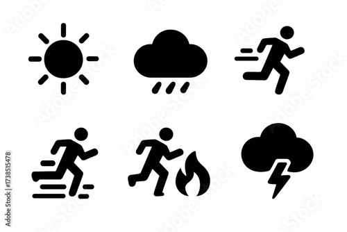 Marathon Weather Icons. Solid, filled icon set of marathon weather conditions: sunny, cloudy, rainy, windy, foggy, hot, cold, stormy. [Line icons in only black