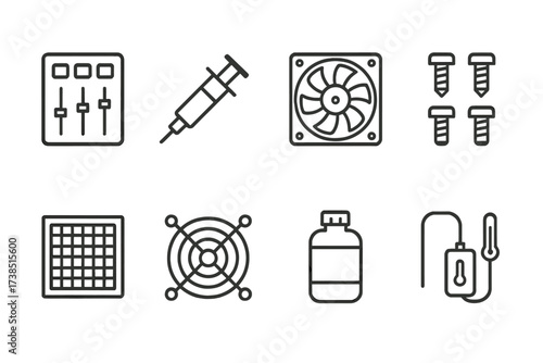 Icon Set Outline. Outline icon set of cooler accessories: fan controller, thermal paste syringe, radiator fan, mounting screws, dust filter, fan grill, coolant