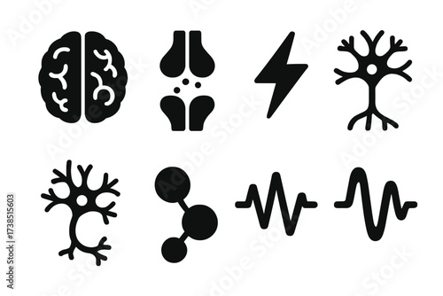 Neural Impulse Icons. Solid, filled icon set of neural impulses: brain neuron, synaptic gap, electric signal, nerve cell, dendrites, axon, neurotransmitter,