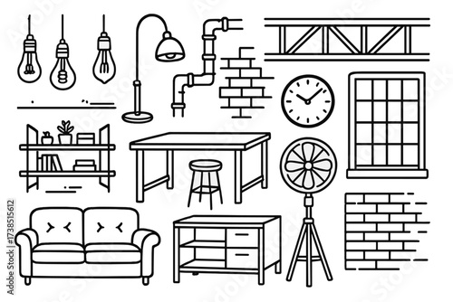 Industrial Loft Doodles. Hand-drawn doodle illustration Lighting in industrial loft spaces vintage light bulbs, pendant light, floor lamp, metal pipes, exposed