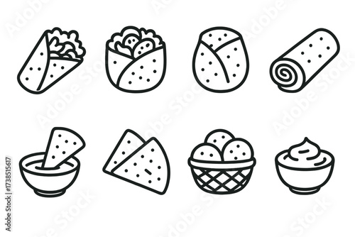 Outline Icon Sets. Outline icon set of flatbread serving styles: folded wrap, open-faced, stuffed bread, rolled sandwich, dipped flatbread, cut slices, bread