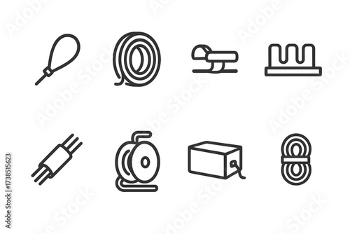 Cable Management Icons. Outline icon set of cable management: cable tie, cable spool, cable clip, cable organizer, cable sleeve, cable reel, cable box, cable