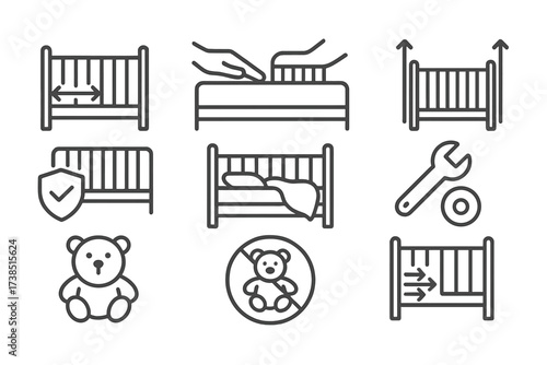 Crib Safety Icon Set. Outline icon set of crib safety checks: gap measurement, mattress firmness, side height, hardware tightness, paint safety, no loose