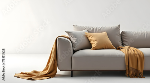 A cozy light gray sofa adorned with mustard pillows and a matching throw blanket, creating a warm and inviting atmosphere.