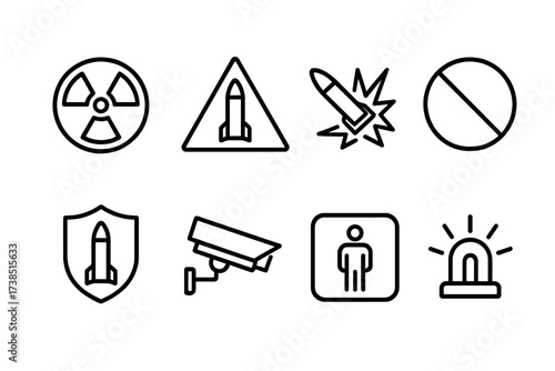 Missile Warning Icons. Outline icon set of missile-related warning signs: radiation symbol, danger sign, explosive warning, no entry, security badge,