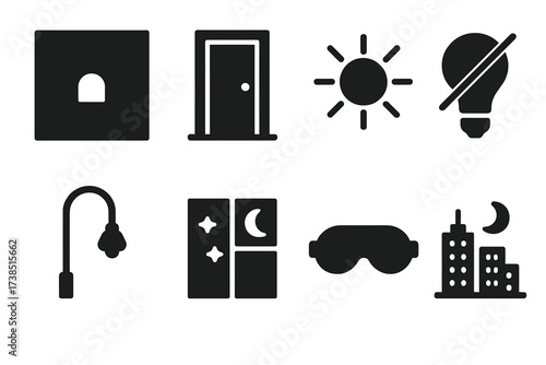 Darkness Icon Collection. Solid, filled icon set of dark environments: dark room, closed door, blackout, power outage, streetlight off, night window,