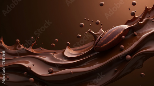 A dynamic splash of rich chocolate with a glossy cocoa bean, evoking a sense of indulgence and luxury.