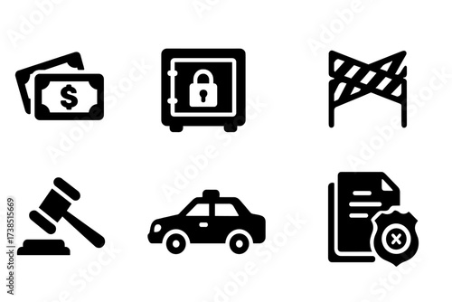 Seized Valuables Icons. Solid, filled icon set of seized valuables: confiscated money, locked box, security camera, police tape, auction hammer, confiscated
