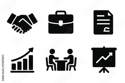 Business Icon Set. Solid, filled icon set of business compromise: handshake, briefcase, calculator, contract, bar chart, negotiation table, pen, presentation
