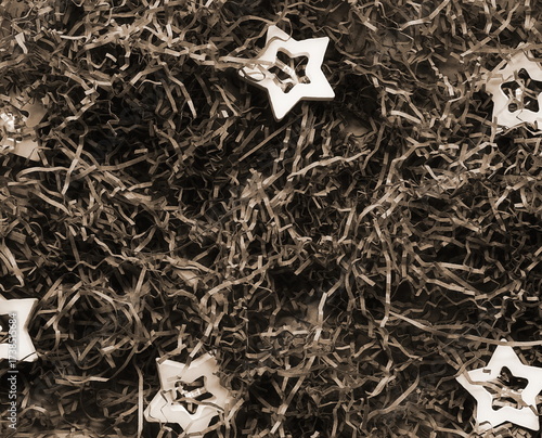 Star Shaped Decorations Beautiful Top View Sepia Toned Festive Background. Paper Strips Textured Artistic Holiday Mood Vintage Style Photography