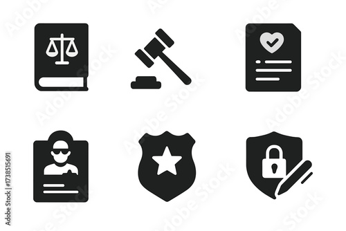 Legal Aspects Icons. Solid, filled icon set of bouncer legal and ethical aspects: law book, gavel, handshake, ethics code, security license, badge, contract,