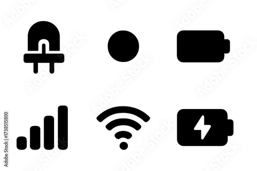 Standby Mode Icons. Solid, filled icon set of standby mode indicators: LED light, blinking dot, colored status light, power icon, battery level, signal