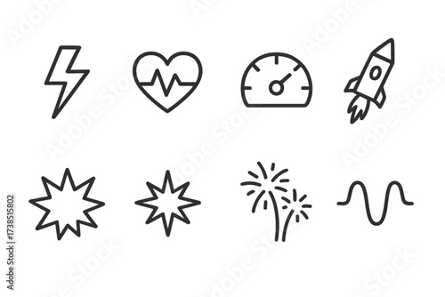 Thrill Symbol Icons. Outline icon set of thrill symbols: lightning bolt, heart pulse, speedometer, rocket, explosion, star burst, fireworks, energy wave. Line