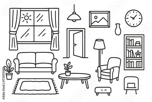 Cozy Living Room Doodles. Hand-drawn doodle illustration Large windows and open spaces window panes, sunlight, curtains, sofa, coffee table, armchair, floor