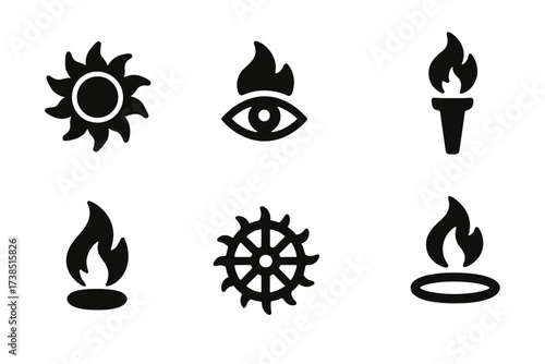 Sacred Fire Icons. Solid, filled icon set of sacred fire symbols: sun flame, burning eye, fire triangle, divine torch, golden blaze, ritual flame wheel,