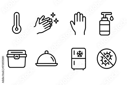 Food Safety Icons. Outline icon set of food safety and hygiene: thermometer, clean hands, glove, sanitizer, airtight seal, food cover, fridge temp,