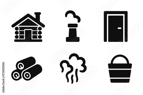 Traditional Banya Icons. Solid, filled icon set of traditional banya elements: log cabin, chimney, sauna door, firewood stack, smoke, steam clouds, hot bench,