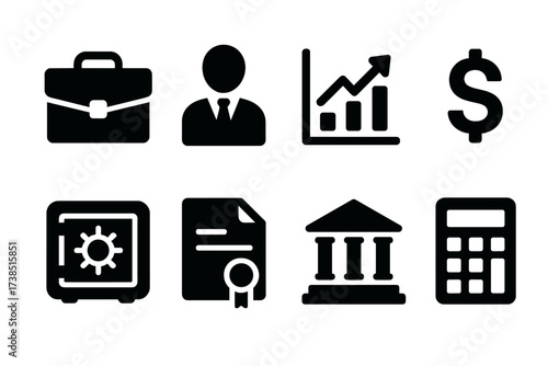 Wealth Management Icons. Solid, filled icon set of wealth management: portfolio briefcase, financial advisor, investment chart, dollar sign, savings vault,