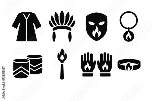 Fire Ritual Icon Set. Solid, filled icon set of fire ritual clothing and accessories: ceremonial robe, feather headdress, fire mask, necklace with flame, arm