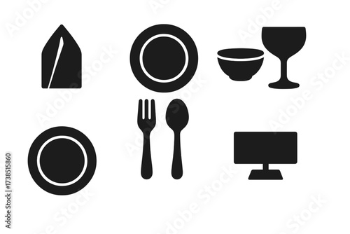 Table Setting Icons. Solid, filled icon set of table setting elements: napkin fold, dinner plate, soup bowl, salad fork, dessert spoon, wine glass, name card,